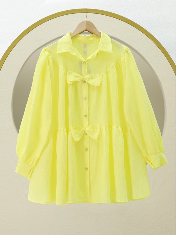 Önü Fiyonk Detaylı Parçalı Gömlek  -Açık Sarı