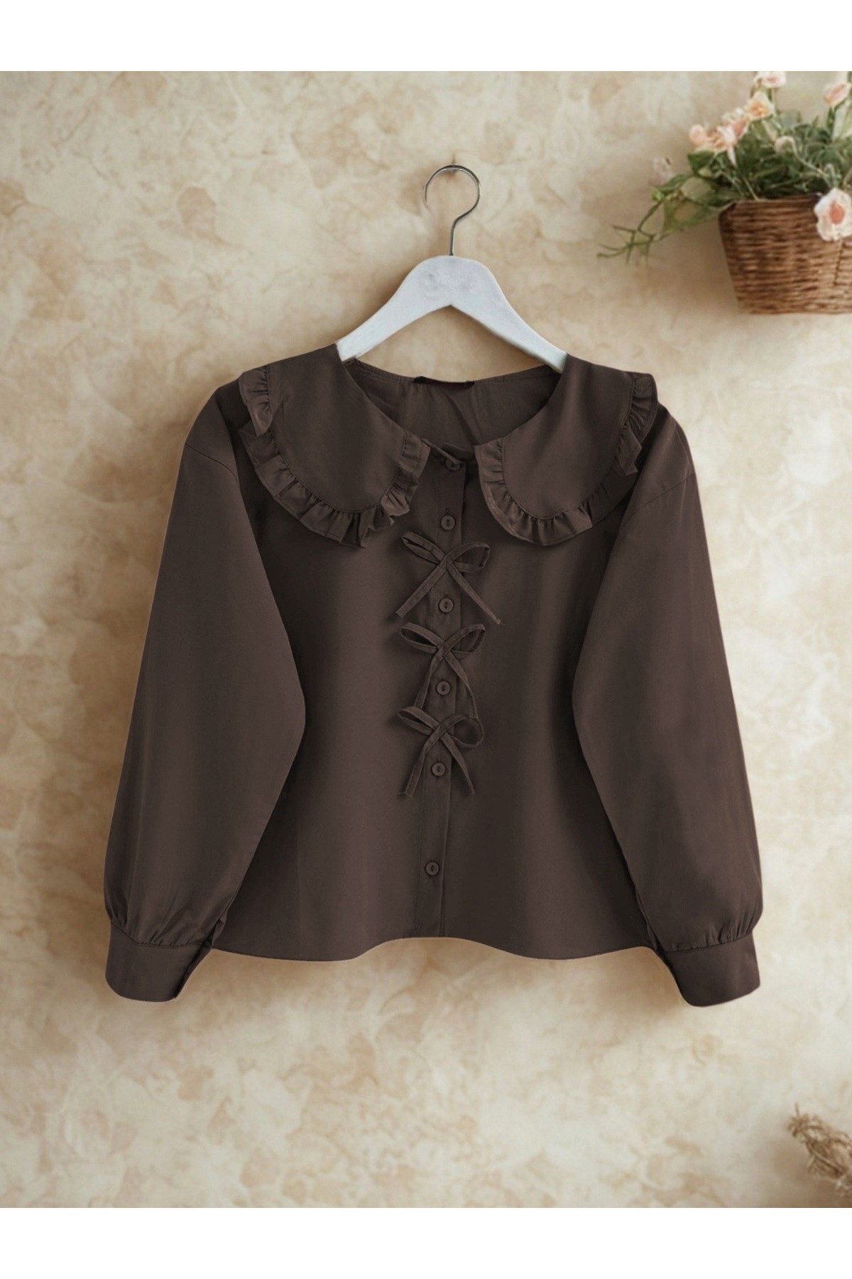 Bebe Yaka Kurdele Detaylı Gömlek   -Kahve