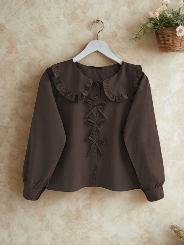 Bebe Yaka Kurdele Detaylı Gömlek   -Kahve