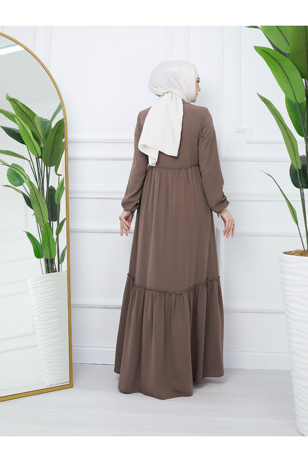 Parçalı Kolu Lastikli Boydan Fermuarlı Ferace -Toprak