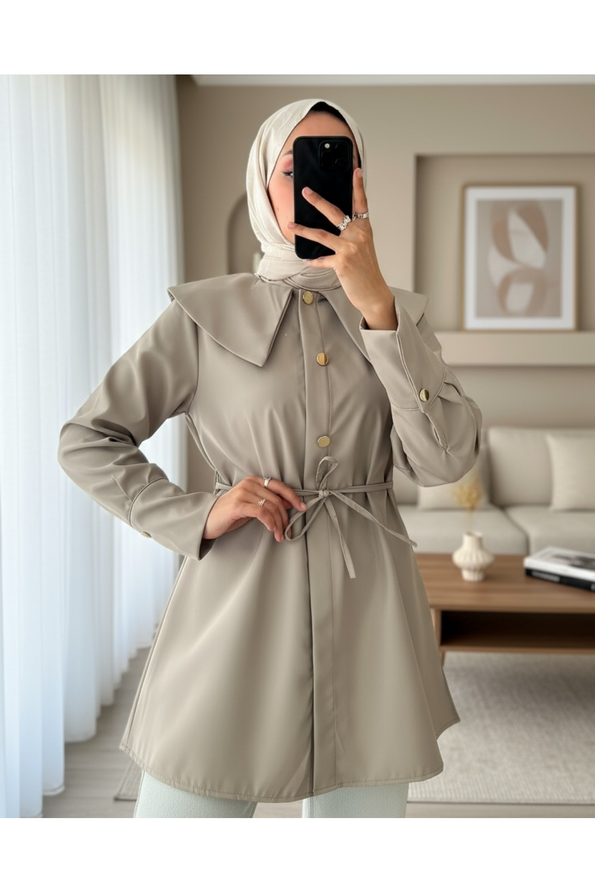 Geniş Yakalı Beli Bağlamalı Bonding Kap -Mint