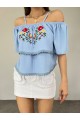 Gül Nakışlı Güpürlü İp Askılı Tişort -Bebe Mavi