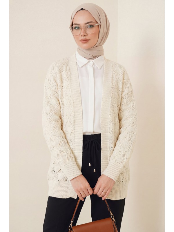 Desenli Araboy Örme Triko Hırka -Krem