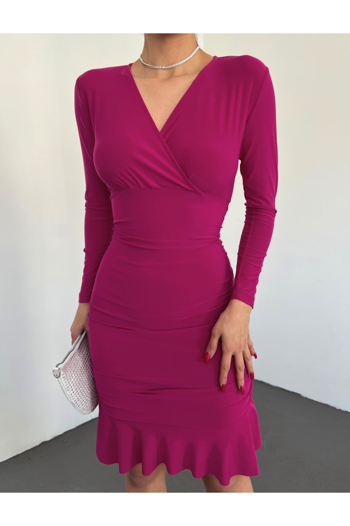 Yanları Lastikli Eteği Volanlı Sandy Mini Elbise -Vişne
