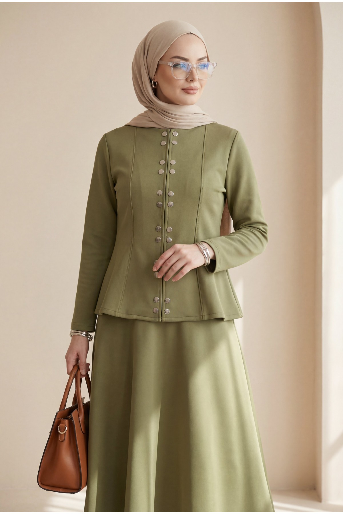 Önü Çift Çıtçıtlı Beli Volanlı Etekli Scuba Takım -Haki