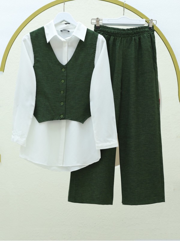 Düğmeli Yelekli Takım -Zümrüt