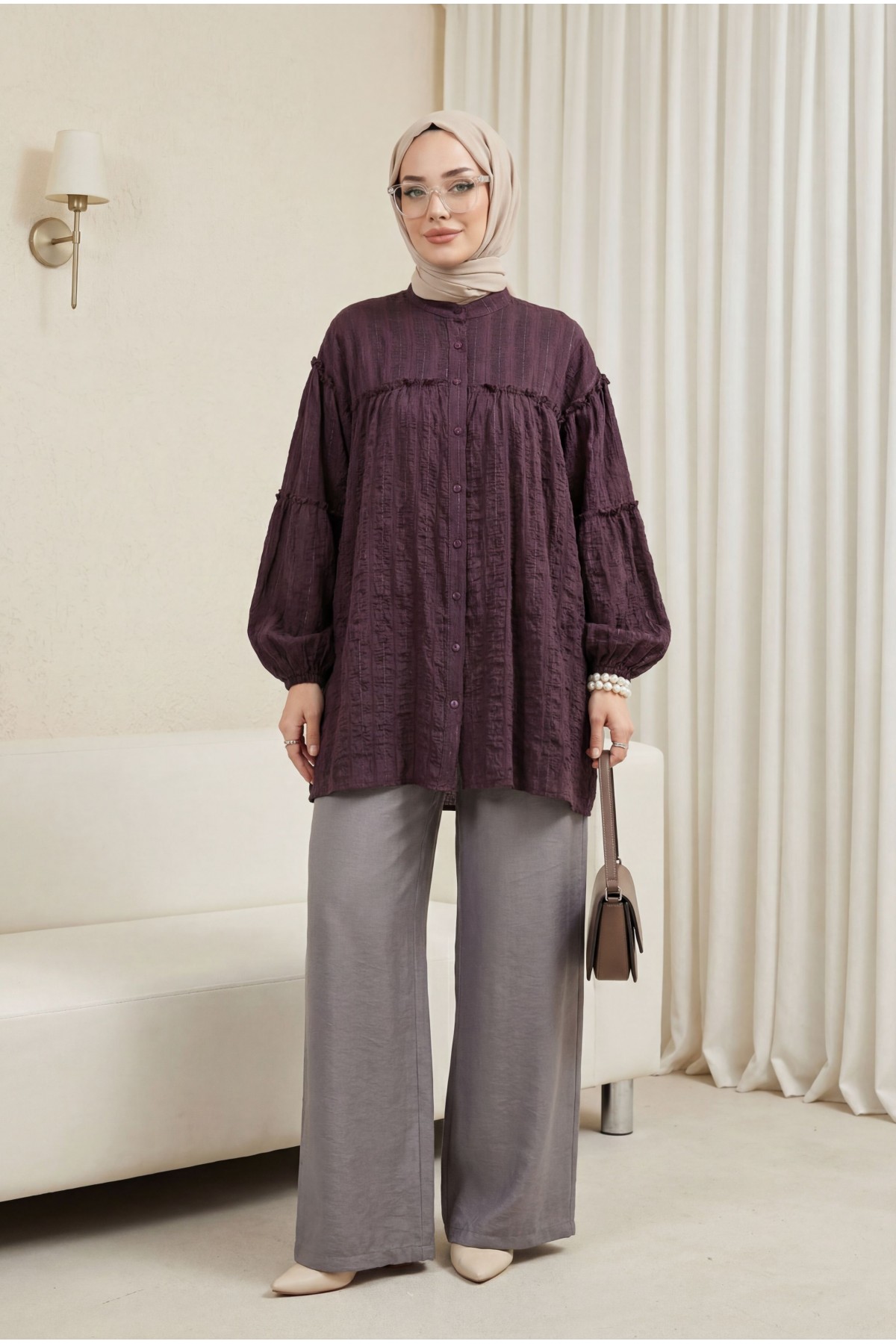 Dik Yaka Sim Çizgili Balon Kol Oversize Gofre Tunik -Mürdüm