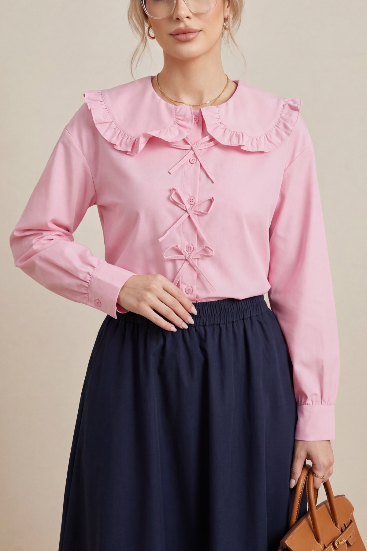 Bebe Yaka Kurdele Detaylı Gömlek     -Pembe