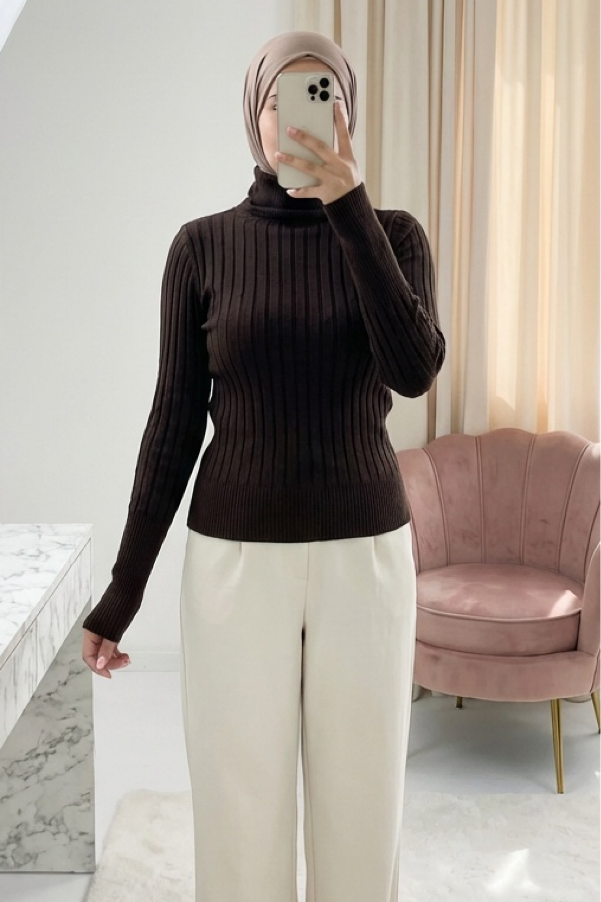 Balıkçı Yaka Fitilli Triko Kazak       -K. Kahve