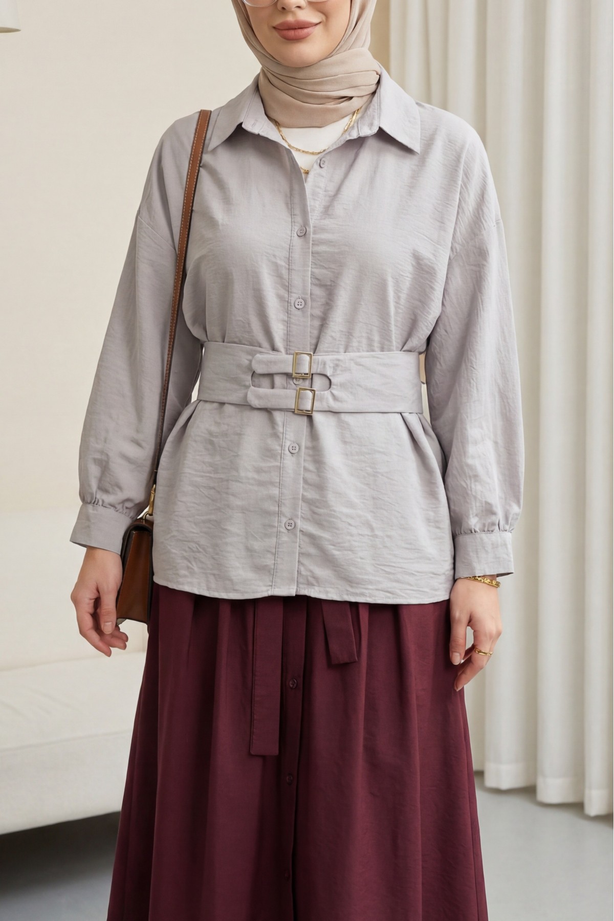 Çift Tokalı Lastikli Kemerli Önü Düğmeli Cupra Gömlek -Açık Gri