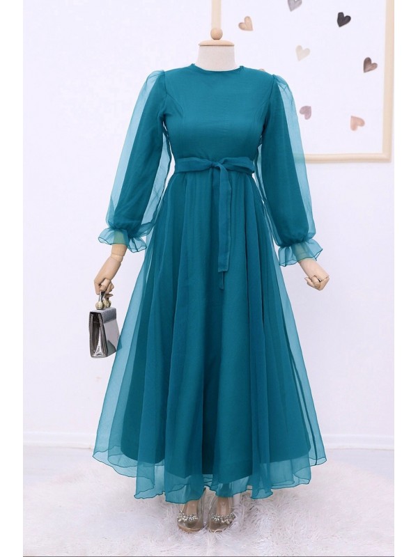 Kabarık Kol Ve Etekli Kuşaklı Tül Abiye    -Petrol