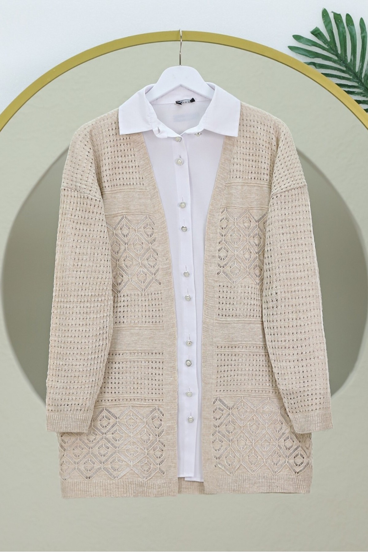 Ajurlu Mevsimlik Triko Hırka  -Taş