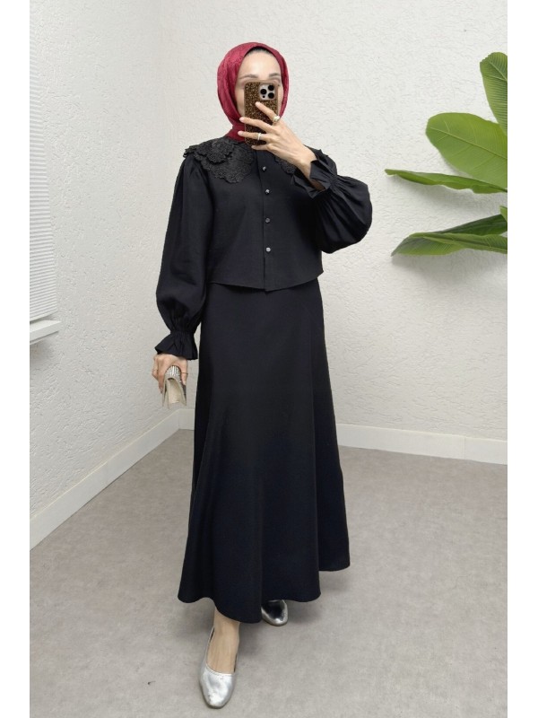 Bebe Yaka Fistolu Kolu Lastikli Bluz-Kloş Etek Takım -Siyah