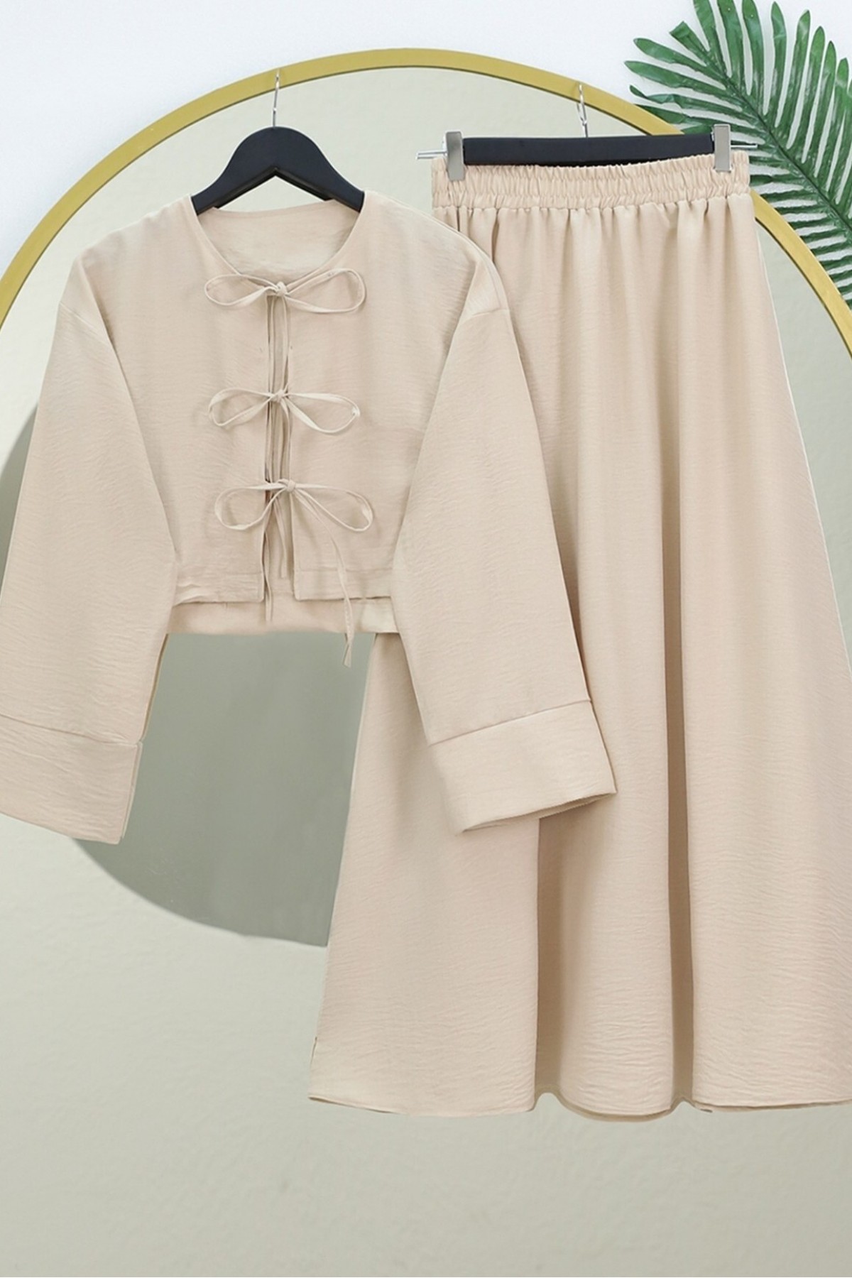 Önü Bağcıklı Beli Lastikli Etekli Keten Takım -Bej
