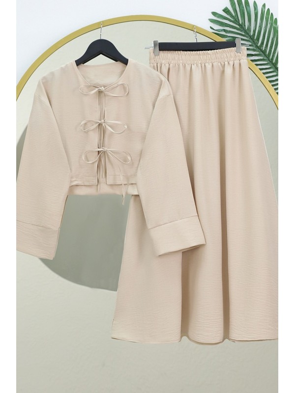 Önü Bağcıklı Beli Lastikli Etekli Keten Takım -Bej