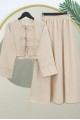 Önü Bağcıklı Beli Lastikli Etekli Keten Takım -Bej