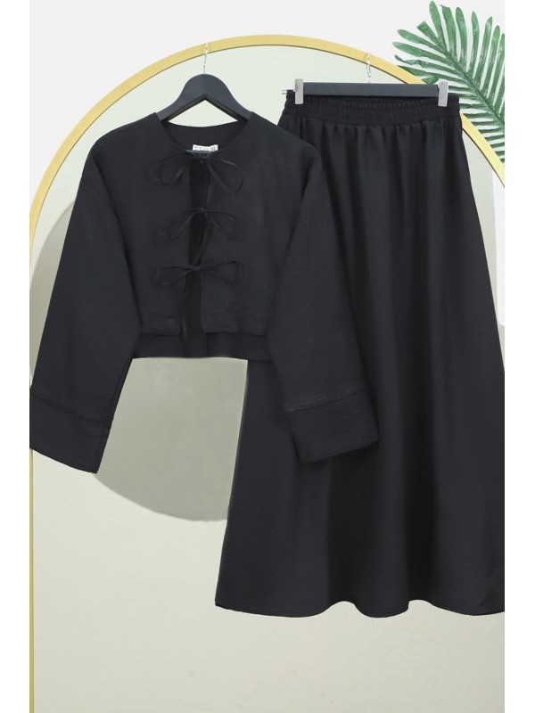 Önü Bağcıklı Beli Lastikli Etekli Keten Takım -Siyah