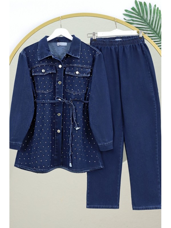 Serpme Taşlı Düğmeli Ceket Pantolon Kot Takım  -Laci