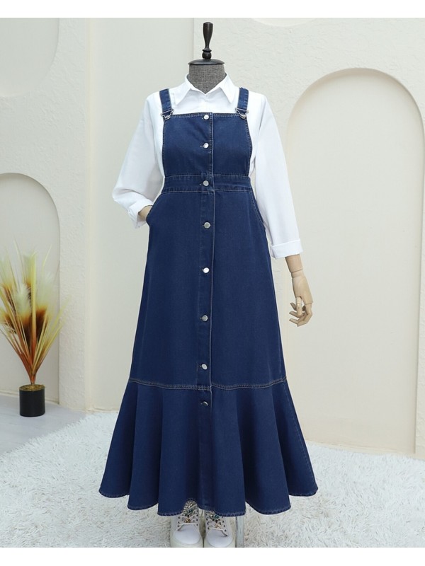 Önden Düğmeli Yan Cepli Eteği Fırfırlı Kot Jile  -Laci