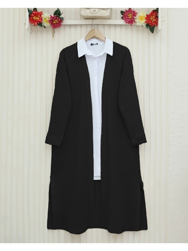 Yanları Yırtmaçlı Fitilli Uzun Triko Hırka -Siyah