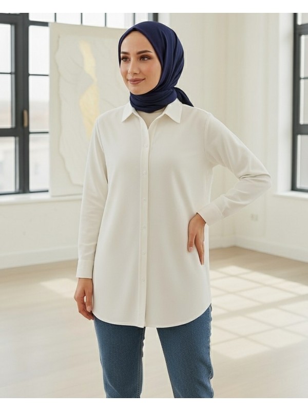 Düğmeli Oversize Düz Gömlek -Beyaz