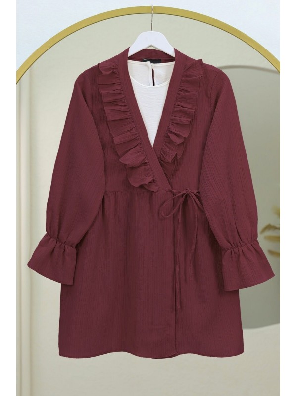 Önü Fırfırlı Bağlamalı Krinkıl Kimono -Bordo