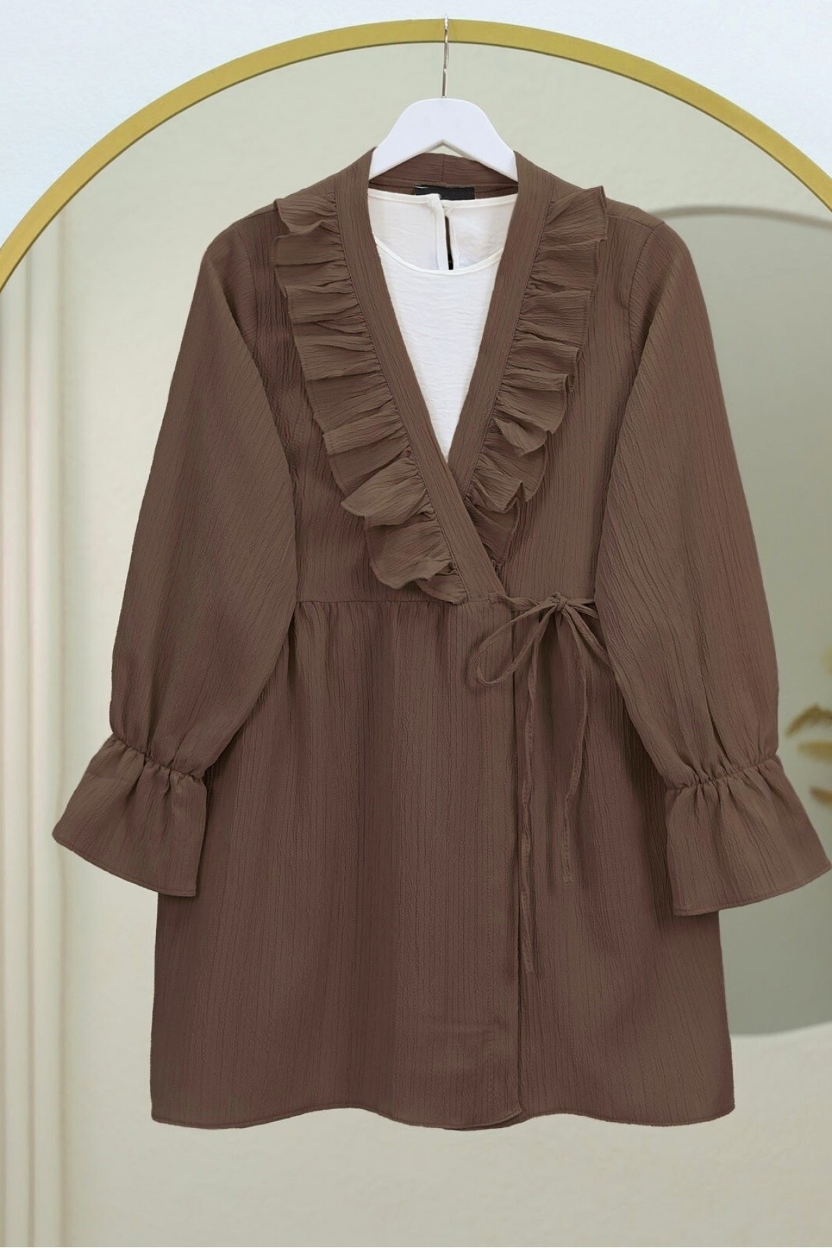 Önü Fırfırlı Bağlamalı Krinkıl Kimono -Kahve