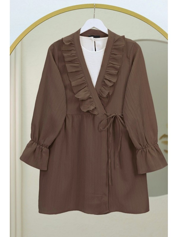 Önü Fırfırlı Bağlamalı Krinkıl Kimono -Kahve