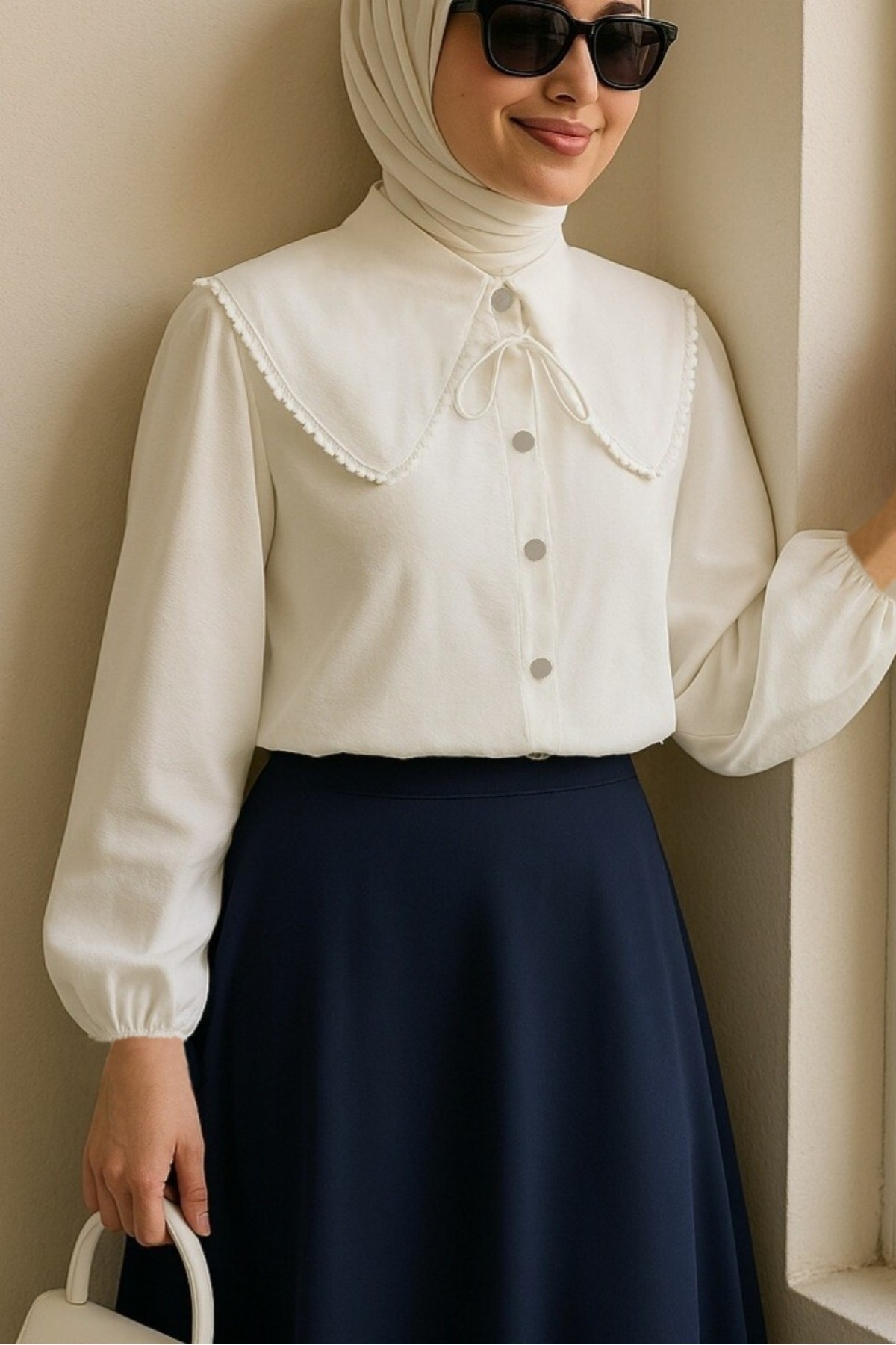 Bebe Yaka Dantelli Kolu Lastikli Gömlek -Beyaz