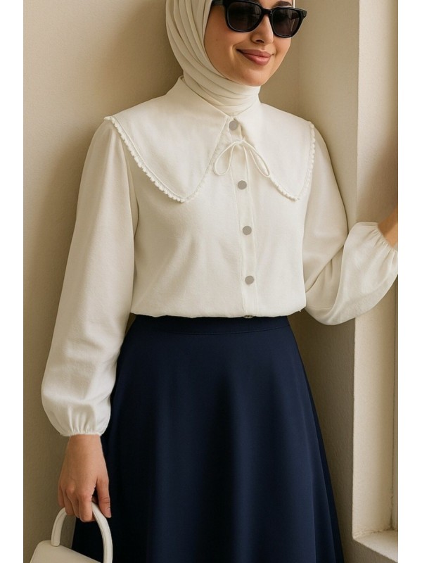 Bebe Yaka Dantelli Kolu Lastikli Gömlek -Beyaz