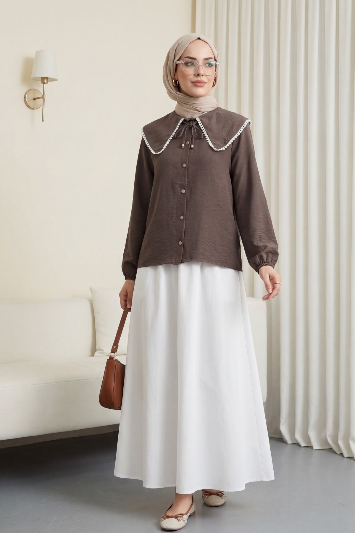 Bebe Yaka Dantelli Kolu Lastikli Gömlek -Kahve