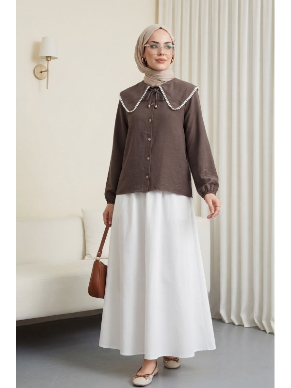 Bebe Yaka Dantelli Kolu Lastikli Gömlek -Kahve