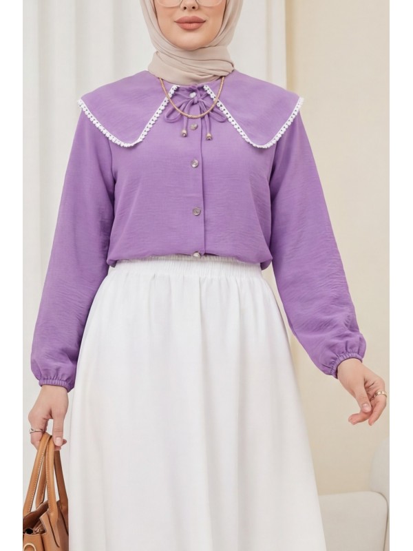 Bebe Yaka Dantelli Kolu Lastikli Gömlek -Lila