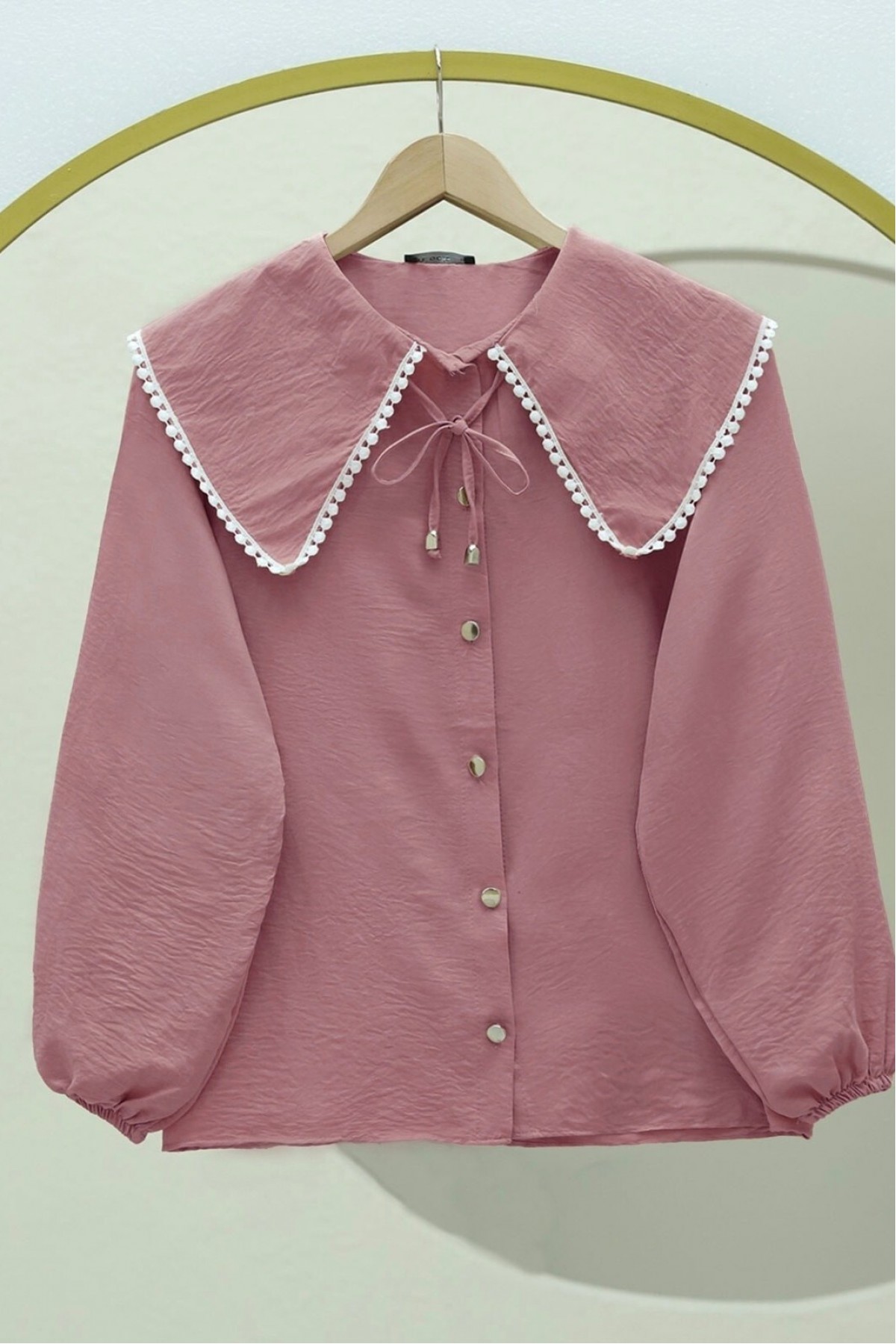 Bebe Yaka Dantelli Kolu Lastikli Gömlek -Pudra