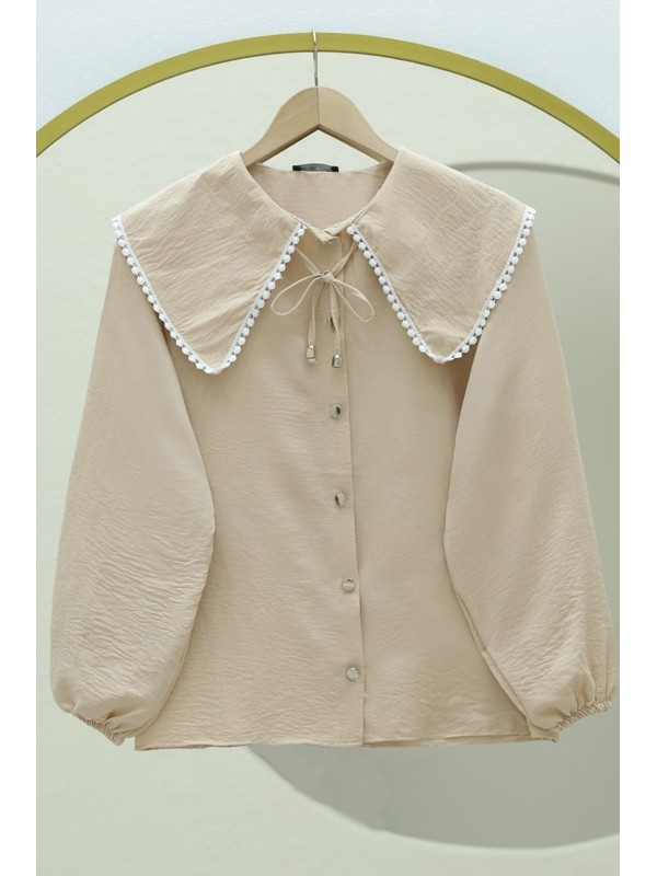 Bebe Yaka Dantelli Kolu Lastikli Gömlek -Vizon