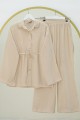 Yakası Taşlı Belden Bağlamalı Pantolonlu Takım -Bej
