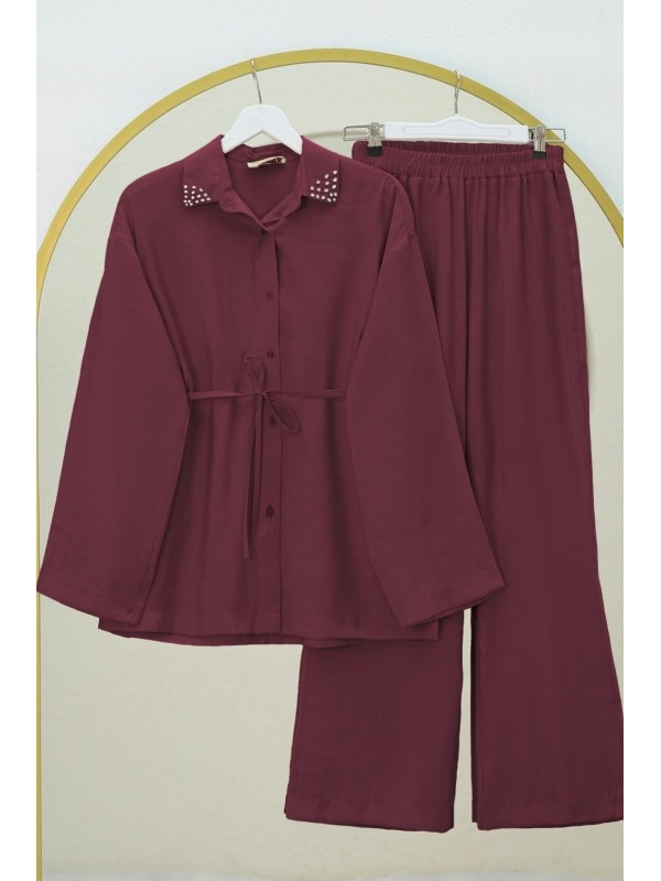 Yakası Taşlı Belden Bağlamalı Pantolonlu Takım -Bordo
