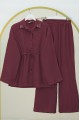 Yakası Taşlı Belden Bağlamalı Pantolonlu Takım -Bordo
