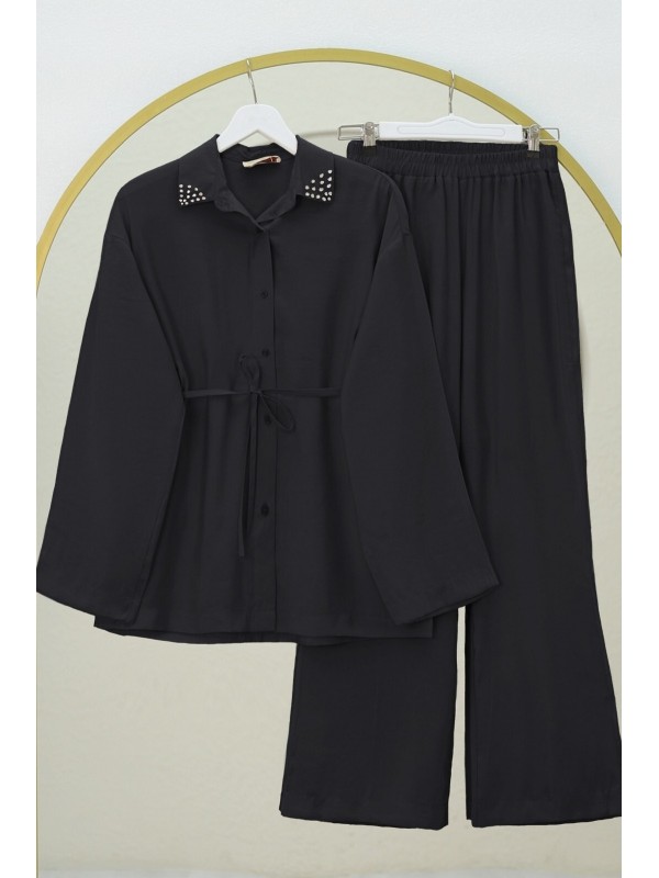 Yakası Taşlı Belden Bağlamalı Pantolonlu Takım -Siyah