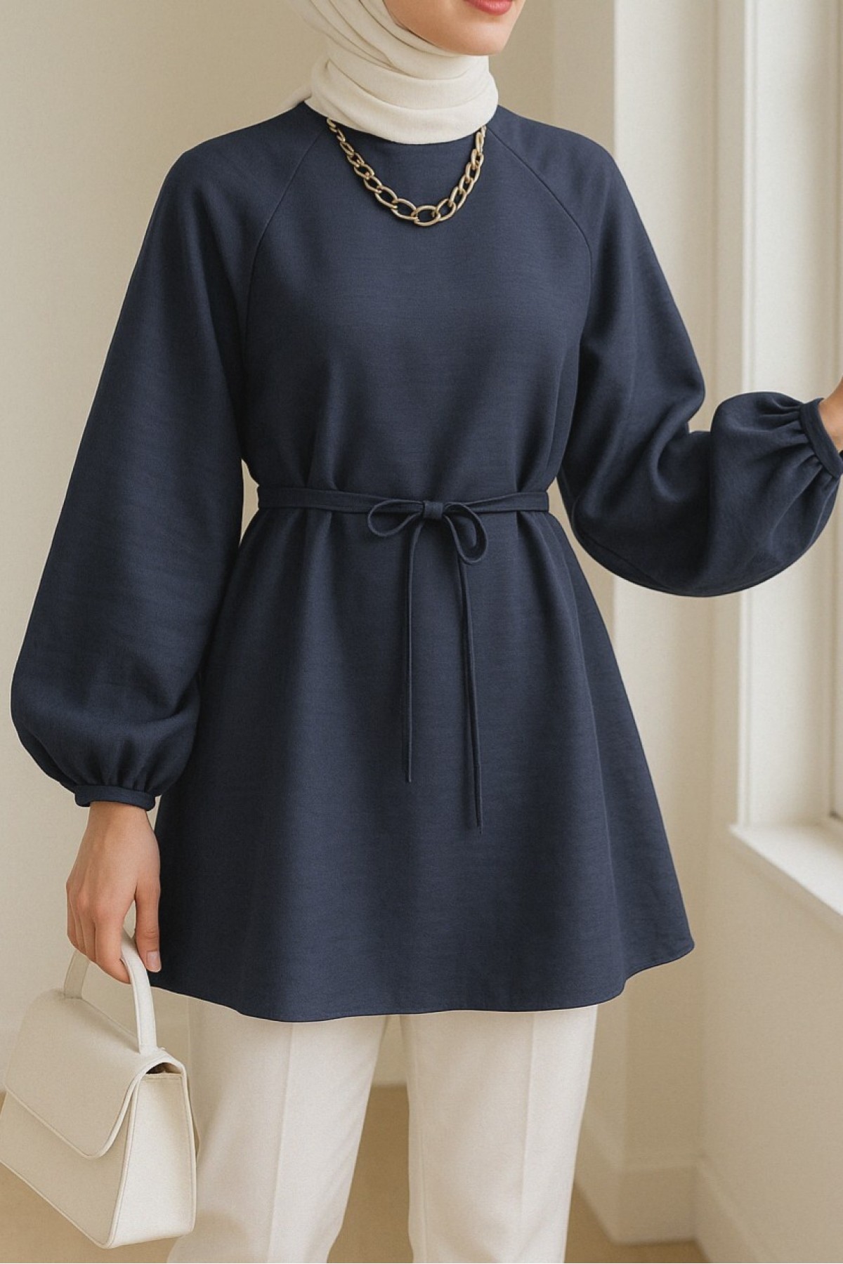 Yuvarlak Yaka Beli Bağcıklı Balon Kol Tunik  -Parlement