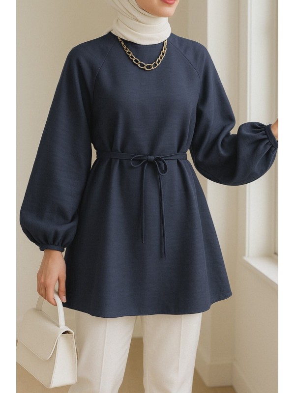 Yuvarlak Yaka Beli Bağcıklı Balon Kol Tunik  -Parlement