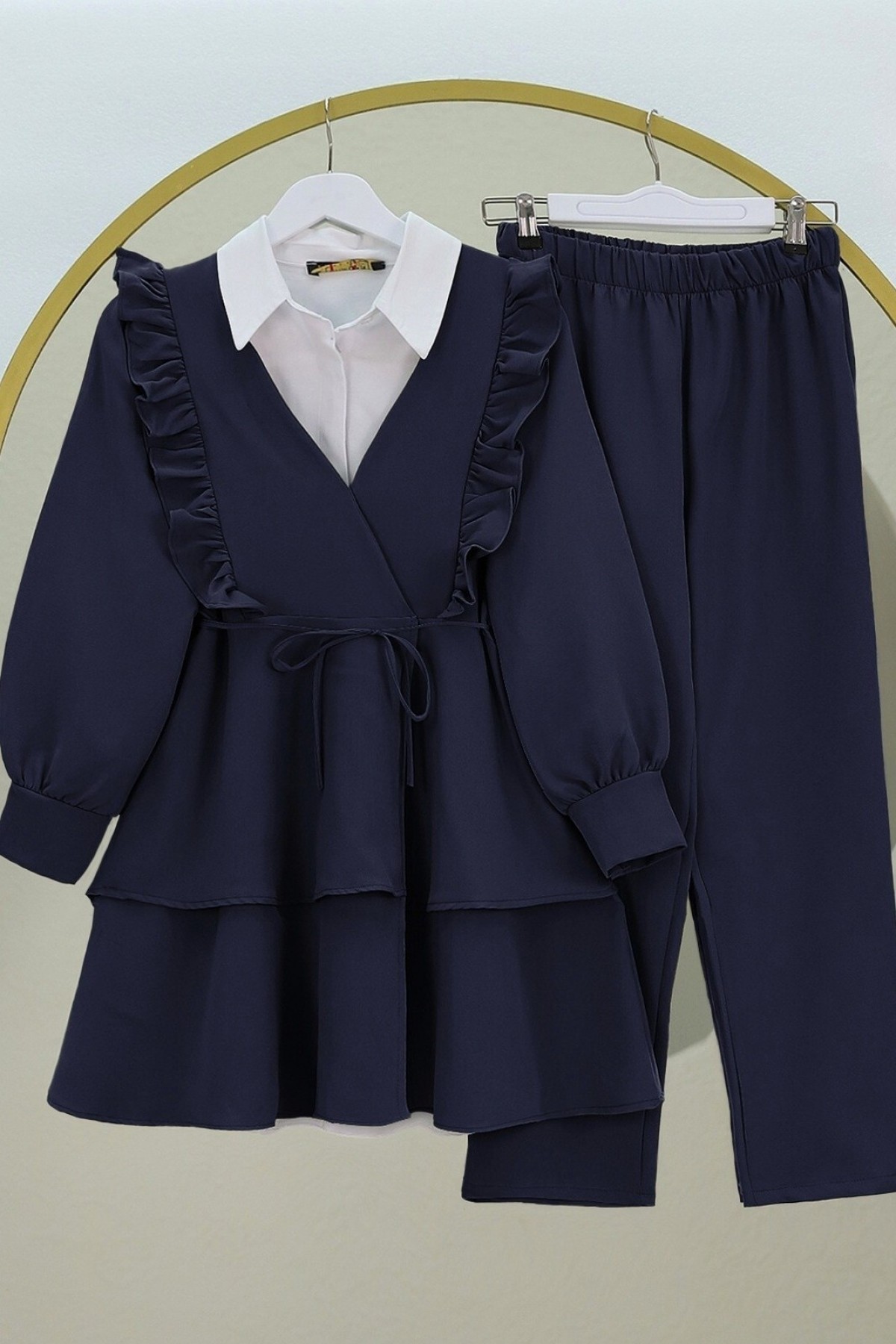 Önü Fırfırlı Bağcıklı Eteği Katlı Pantolonlu Kimono Takım  -Laci