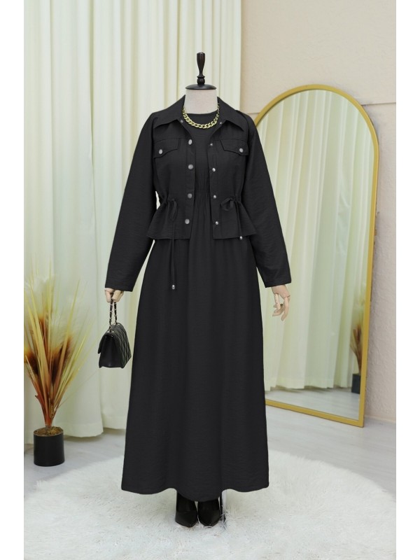 Metal Düğmeli Beli Bağlamalı Gömlek Jile Elbise -Siyah