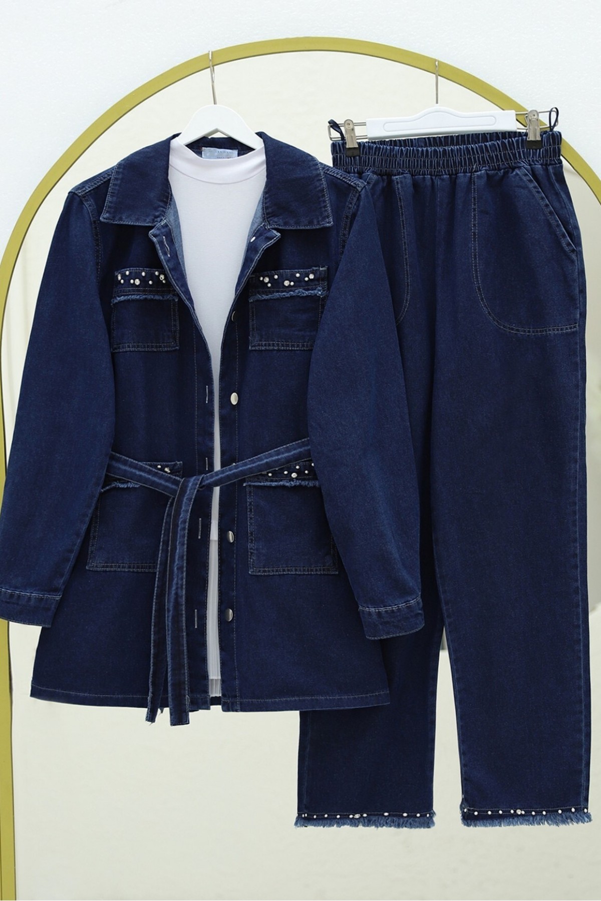 Taş Detaylı Ceket Pantolon Kot Takım  -Laci