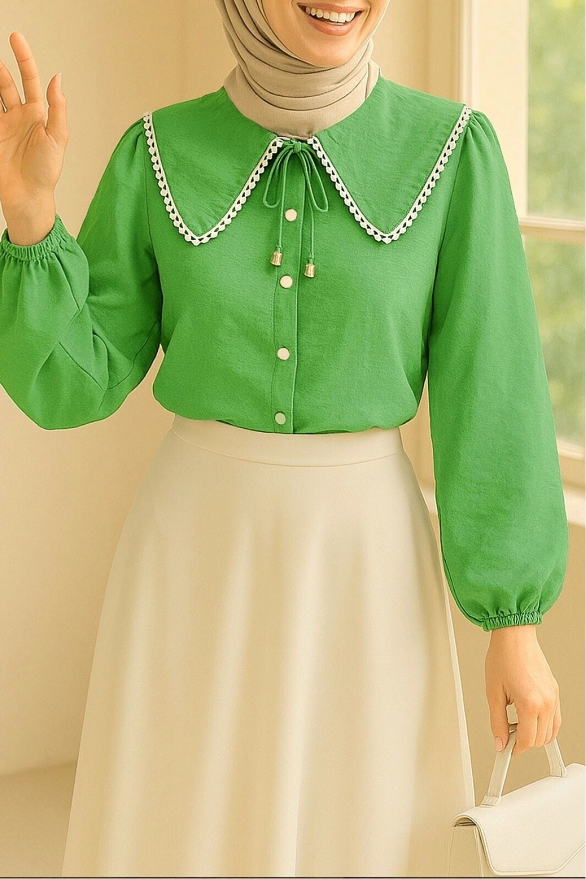 Bebe Yaka Dantelli Kolu Lastikli Gömlek  -Yeşil