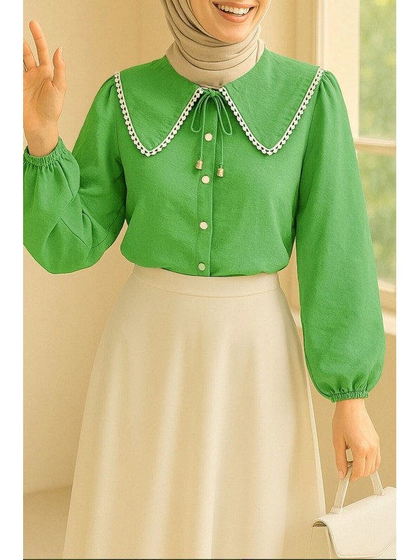 Bebe Yaka Dantelli Kolu Lastikli Gömlek  -Yeşil