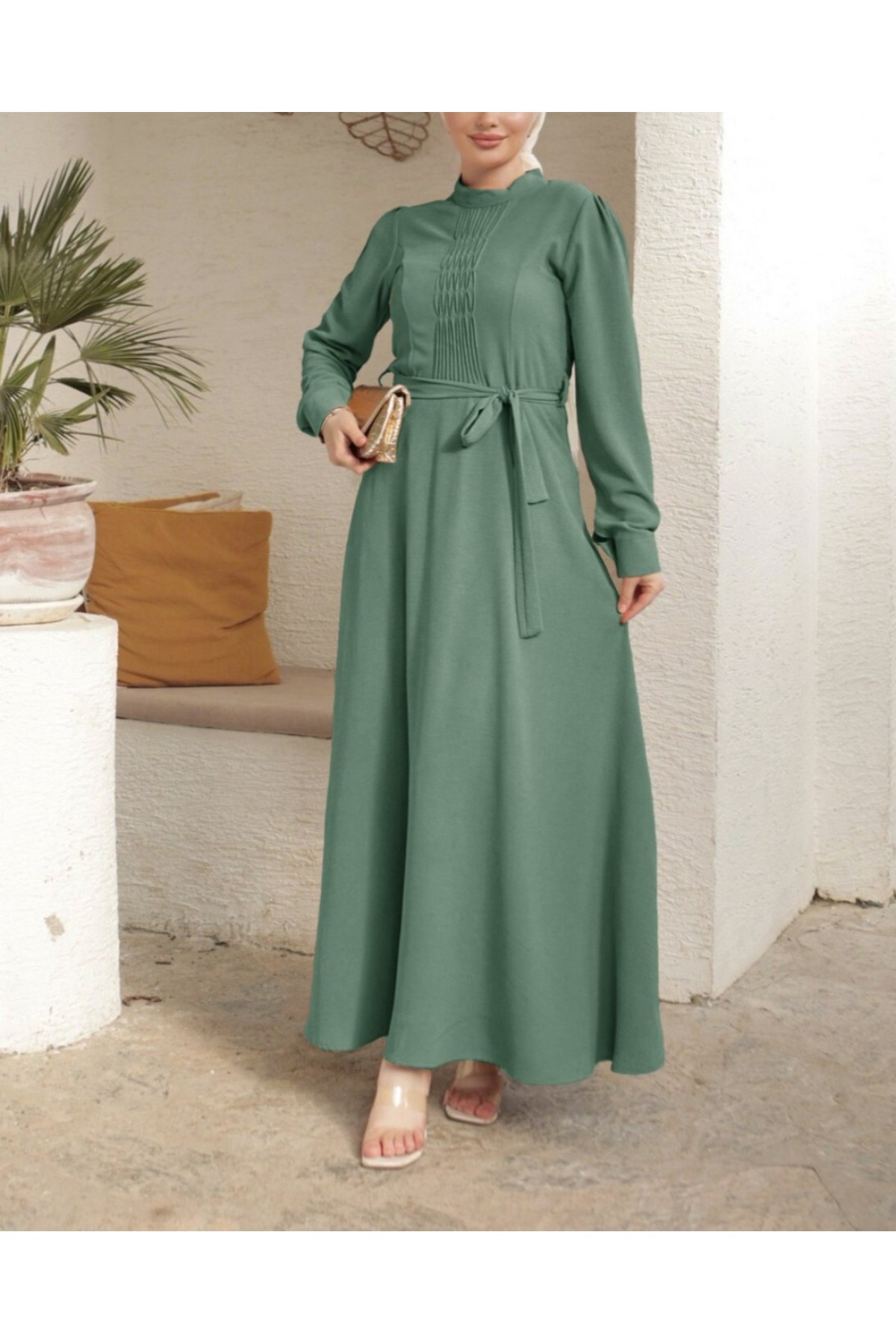 Çıma Detaylı Kemerli Ayrobin Elbise    -Haki