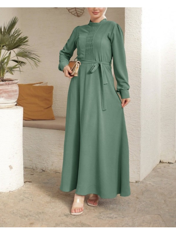 Çıma Detaylı Kemerli Ayrobin Elbise    -Haki