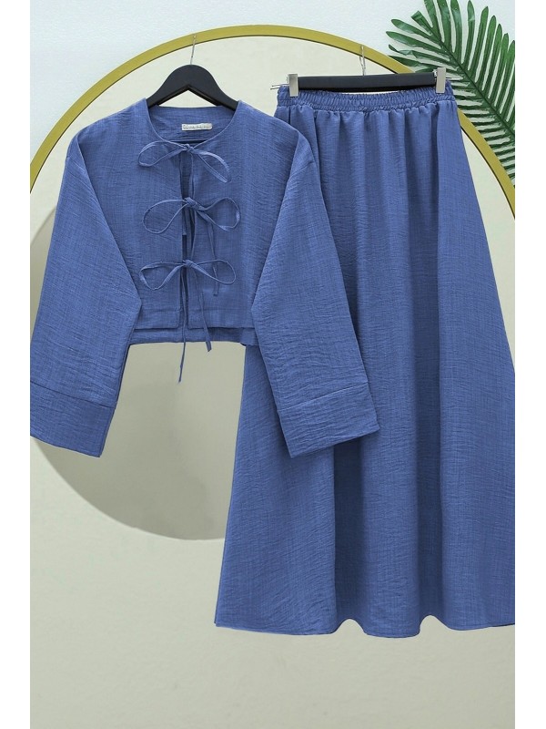 Önü Bağcıklı Beli Lastikli Etekli Keten Takım   -Mavi
