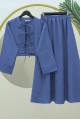 Önü Bağcıklı Beli Lastikli Etekli Keten Takım   -Mavi